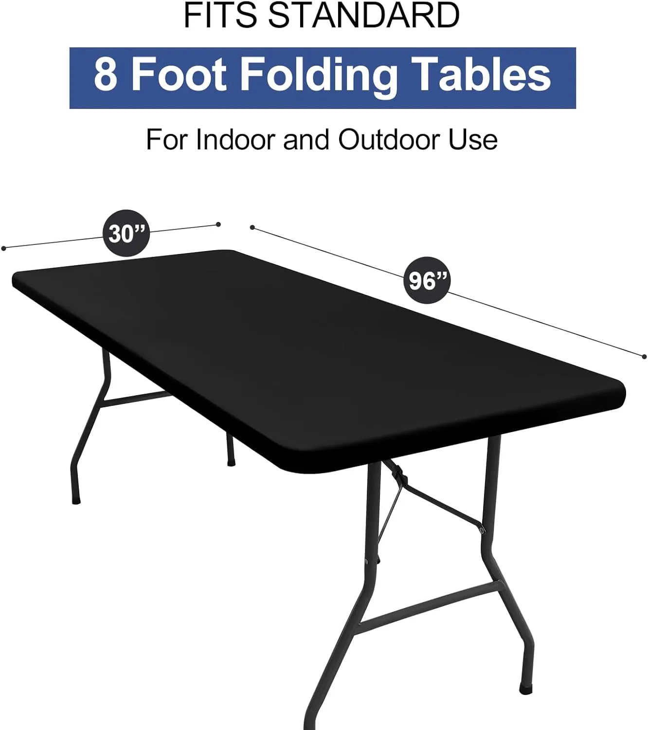homing 2 Pack Rectangle Table Cloth, Elastic Fitted Fabric Tablecloth Fits for 8 Foot Folding Tables, Washable Table Cover for Picnic, Camping, Indoor & Outdoor (Black, 30" x 96")