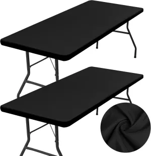 homing 2 Pack Rectangle Table Cloth, Elastic Fitted Fabric Tablecloth Fits for 8 Foot Folding Tables, Washable Table Cover for Picnic, Camping, Indoor & Outdoor (Black, 30" x 96")