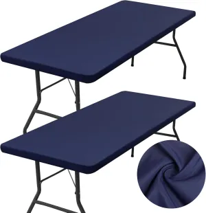 homing 2 Pack Rectangle Table Cloth, Elastic Fitted Fabric Tablecloth Fits for 8 Foot Folding Tables, Washable Table Cover for Picnic, Camping, Indoor & Outdoor (Navy Blue, 30" x 96")