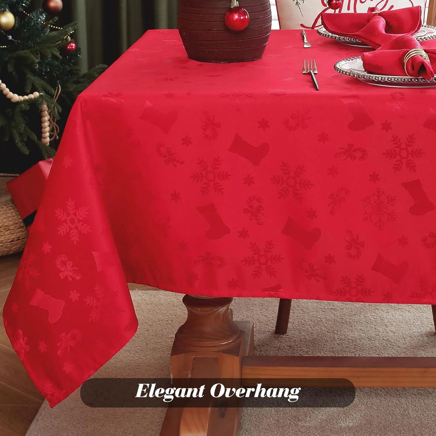 Honellaty Christmas Rectangular Tablecloth, Spillproof Wrinkle Resistant Jacquard Table Cloth with Christmas Holiday-Themed Patterns for Dining Room & Holiday Decoration (Red,52" x 70" (4-6 Seats))