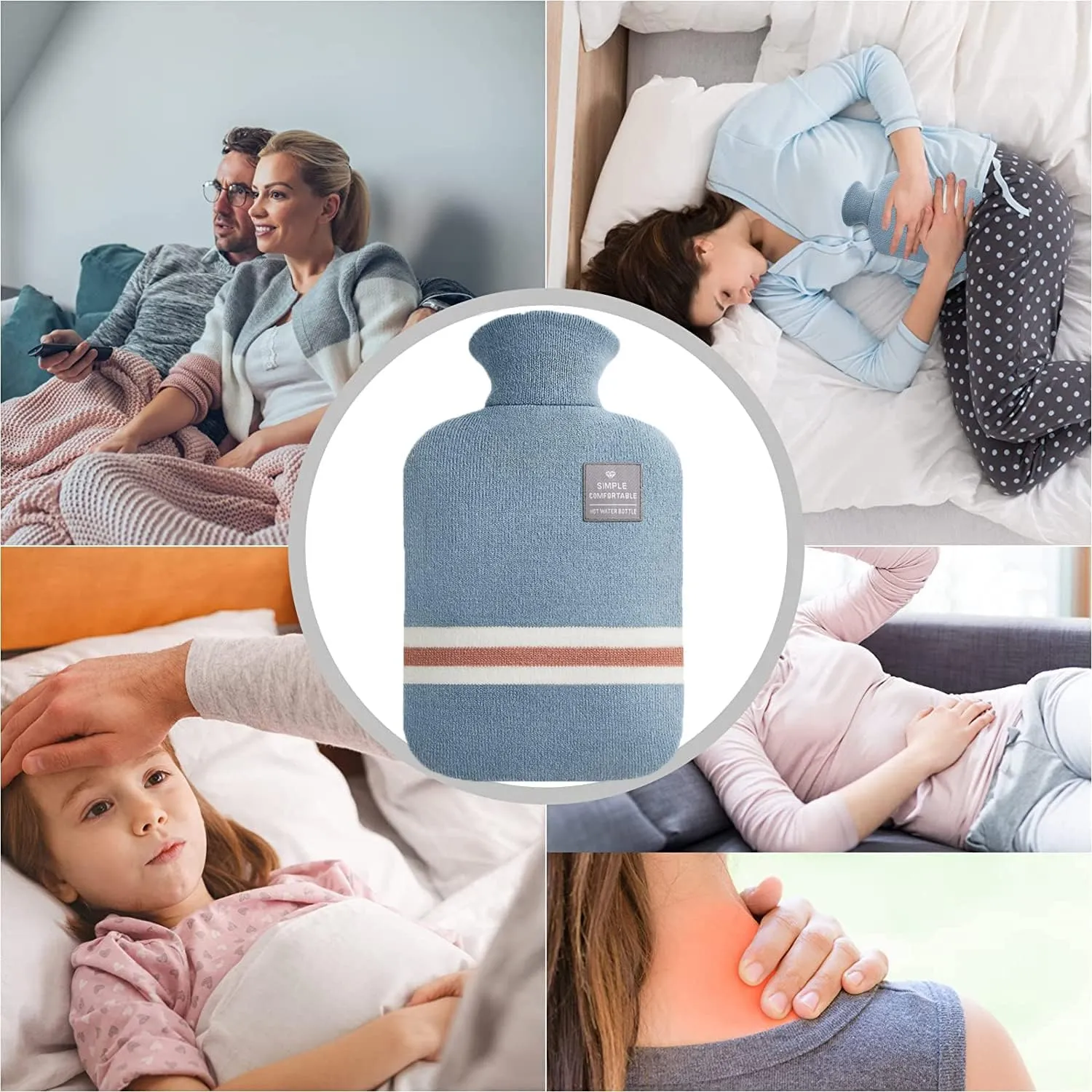 Hot Water Bottle with Classic Striped Cover, 2L Hot Water Bag for Menstrual Cramps, Neck and Shoulder Pain Relief, Hot and Cold Therapies, Hand Feet Warmer