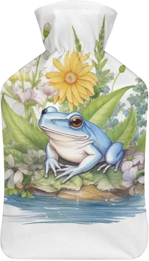 Hot Water Bottle with Soft Cover, Animal 1L Warm Water Bag for Menstrual Cramps, Funny Frog Neck and Shoulder Pain Relief, Ideal for Hand & Feet Warmer for Kids, Men & Women, Hot & Cold Compress