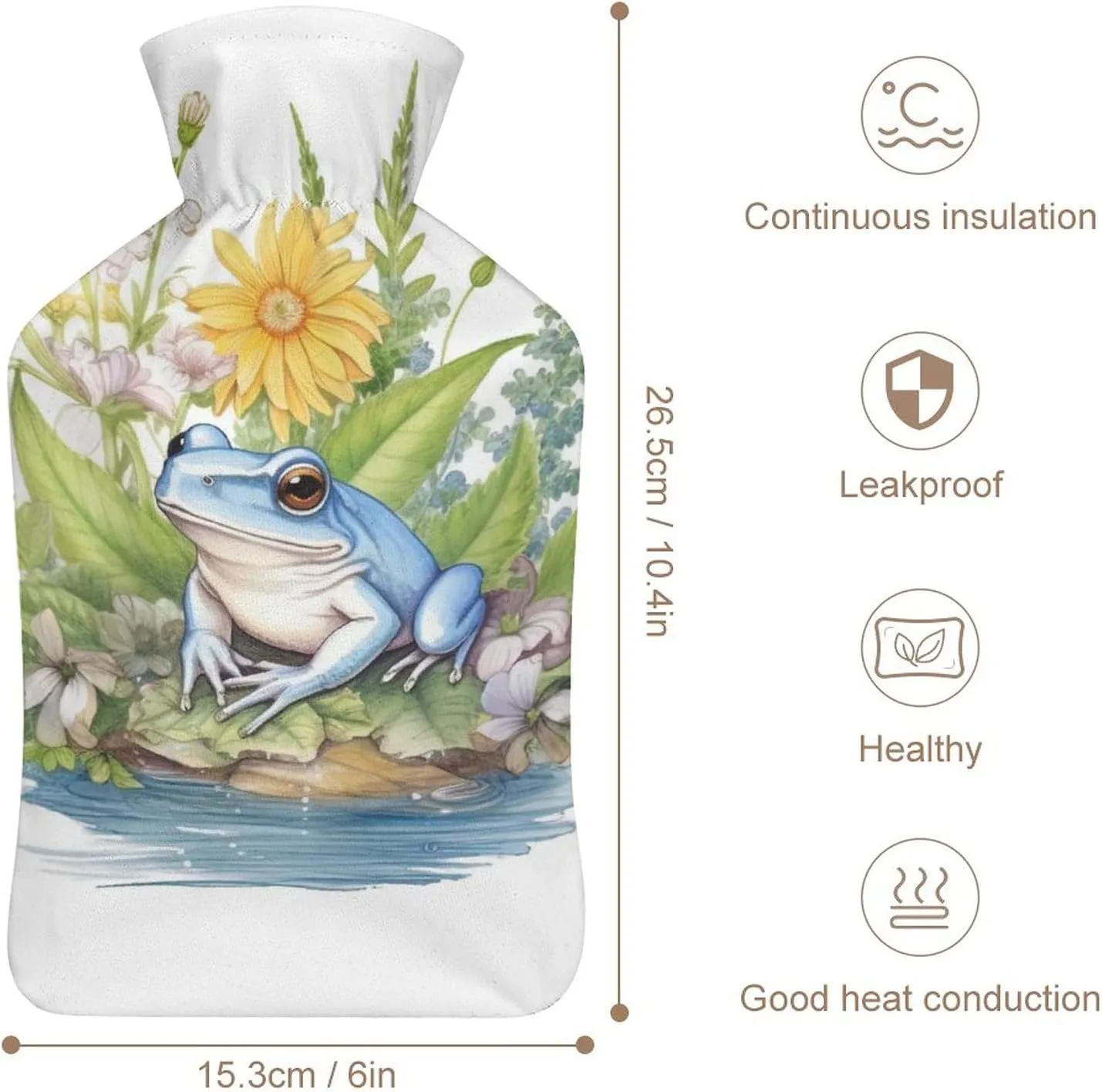 Hot Water Bottle with Soft Cover, Animal 1L Warm Water Bag for Menstrual Cramps, Funny Frog Neck and Shoulder Pain Relief, Ideal for Hand & Feet Warmer for Kids, Men & Women, Hot & Cold Compress