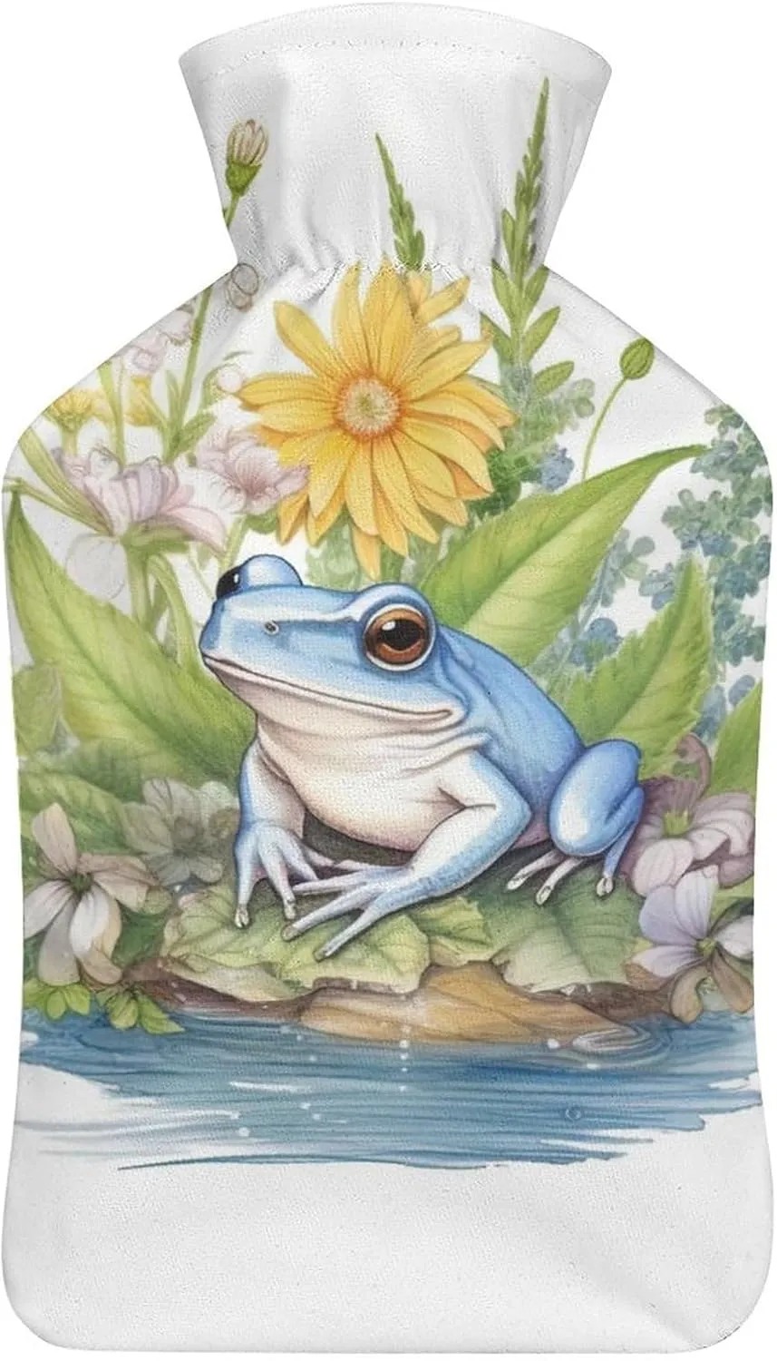 Hot Water Bottle with Soft Cover, Animal 1L Warm Water Bag for Menstrual Cramps, Funny Frog Neck and Shoulder Pain Relief, Ideal for Hand & Feet Warmer for Kids, Men & Women, Hot & Cold Compress