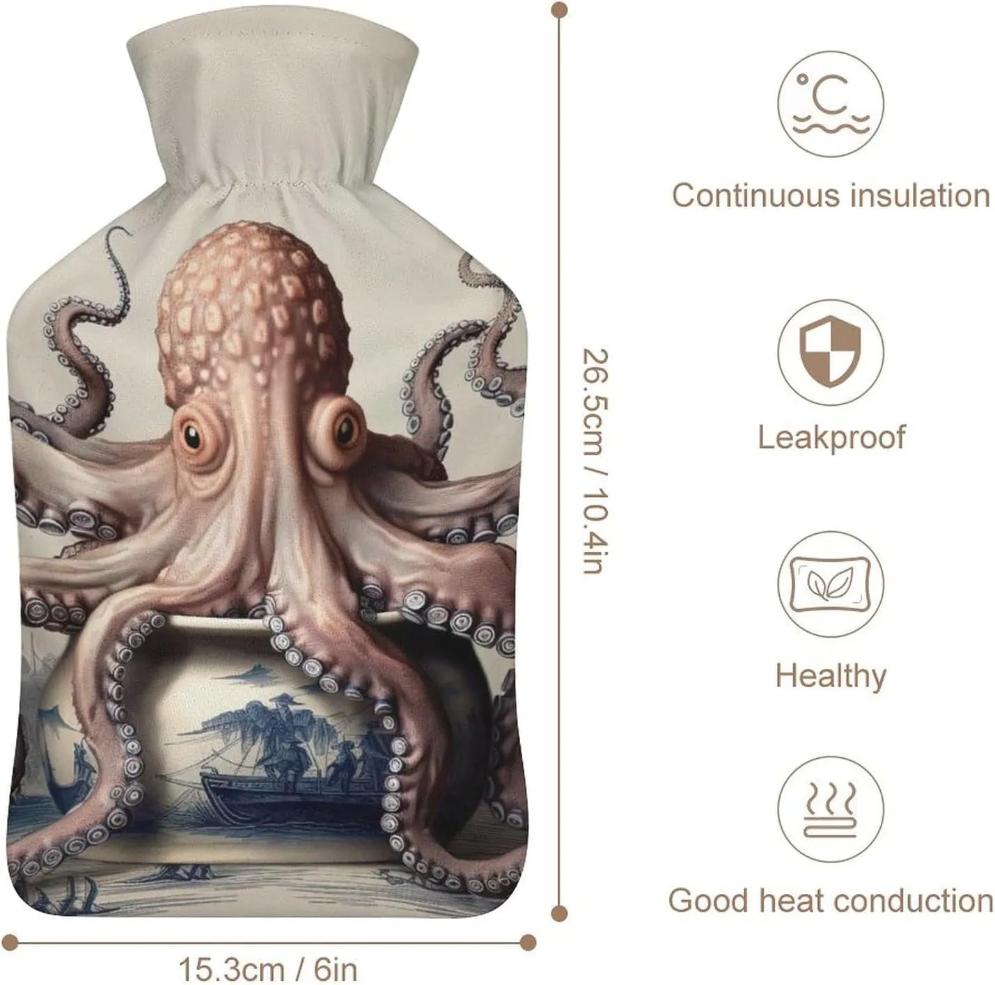 Hot Water Bottle with Soft Cover, Giant Octopus 1L Warm Water Bag for Menstrual Cramps, Octopus Neck and Shoulder Pain Relief, Ideal for Hand & Feet Warmer for Kids, Men & Women, Hot & Cold Compress