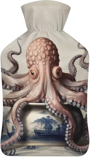 Hot Water Bottle with Soft Cover, Giant Octopus 1L Warm Water Bag for Menstrual Cramps, Octopus Neck and Shoulder Pain Relief, Ideal for Hand & Feet Warmer for Kids, Men & Women, Hot & Cold Compress
