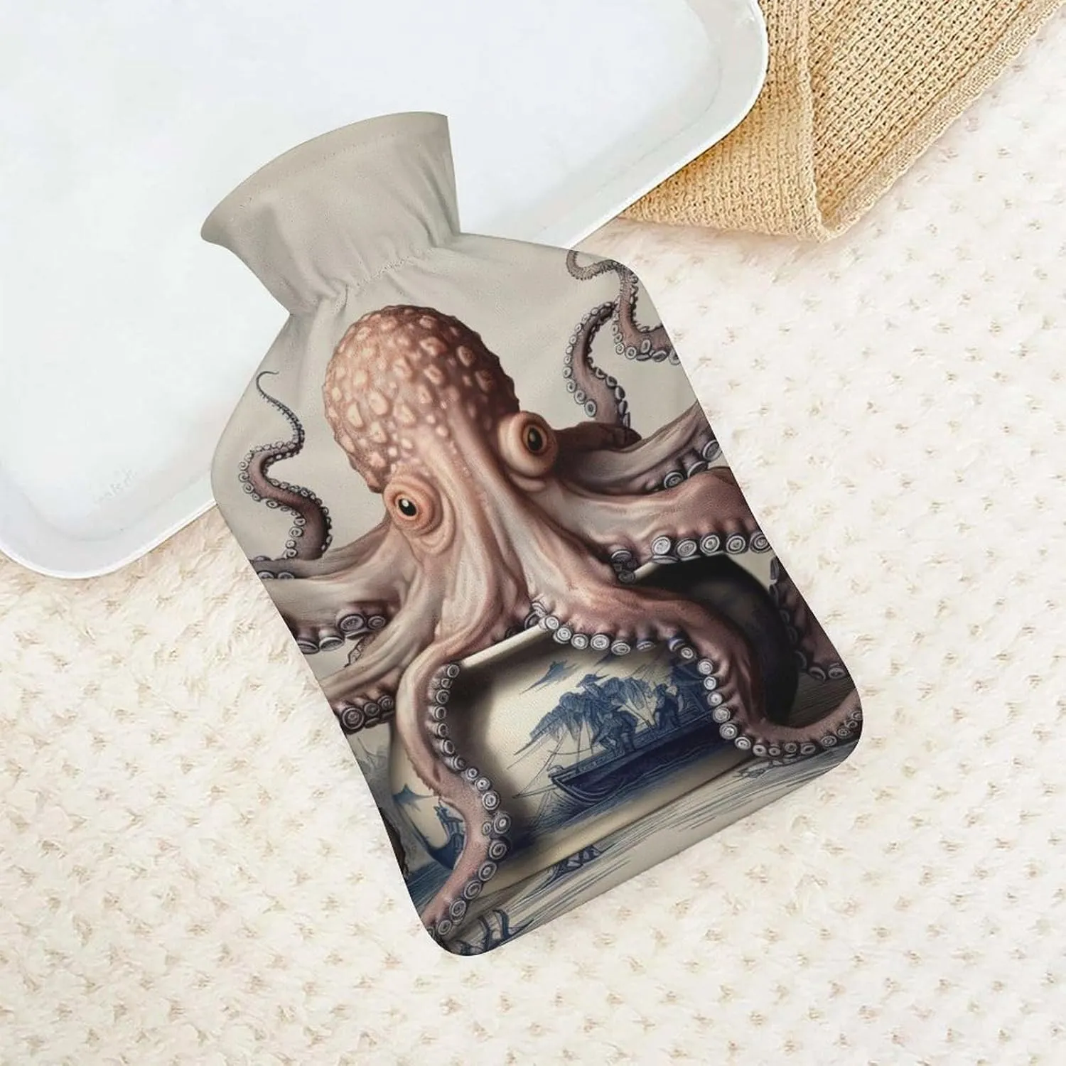 Hot Water Bottle with Soft Cover, Giant Octopus 1L Warm Water Bag for Menstrual Cramps, Octopus Neck and Shoulder Pain Relief, Ideal for Hand & Feet Warmer for Kids, Men & Women, Hot & Cold Compress