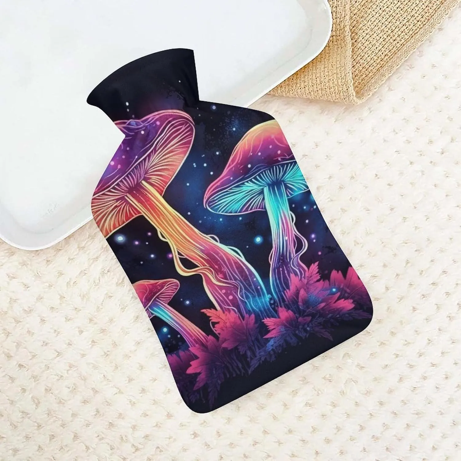 Hot Water Bottle with Soft Cover, Mushroom 1L Warm Water Bag for Menstrual Cramps, Fungus Neck and Shoulder Pain Relief, Ideal for Hand & Feet Warmer for Kids, Men & Women, Hot & Cold Compress