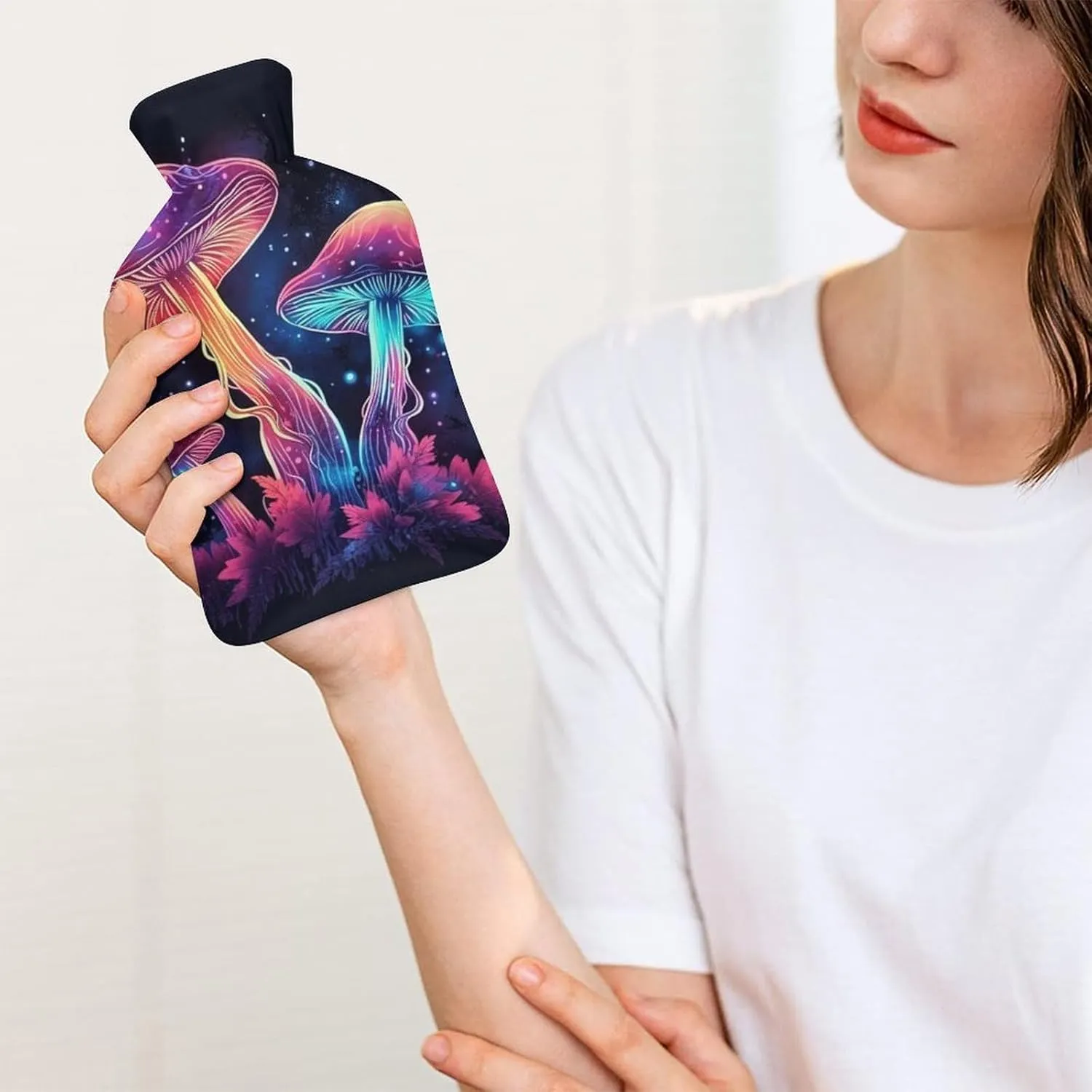 Hot Water Bottle with Soft Cover, Mushroom 1L Warm Water Bag for Menstrual Cramps, Fungus Neck and Shoulder Pain Relief, Ideal for Hand & Feet Warmer for Kids, Men & Women, Hot & Cold Compress