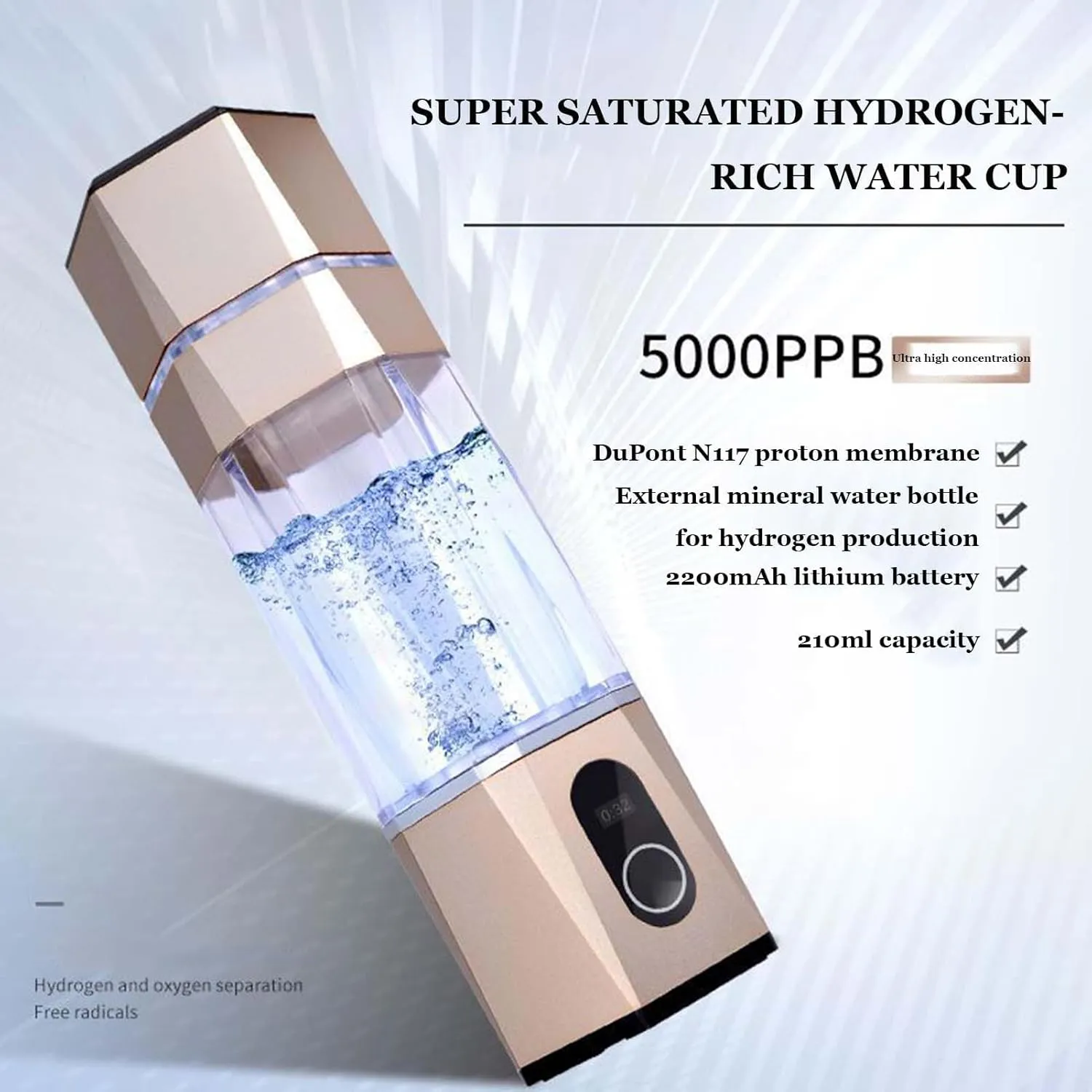 Hydrogen-Rich Water Cup, Water Ionizer Maker Generator, Antioxidants ORP Hydrogen Alkaline Water Bottle, 5000PPB High Concentration Hydrogen Water Bottle