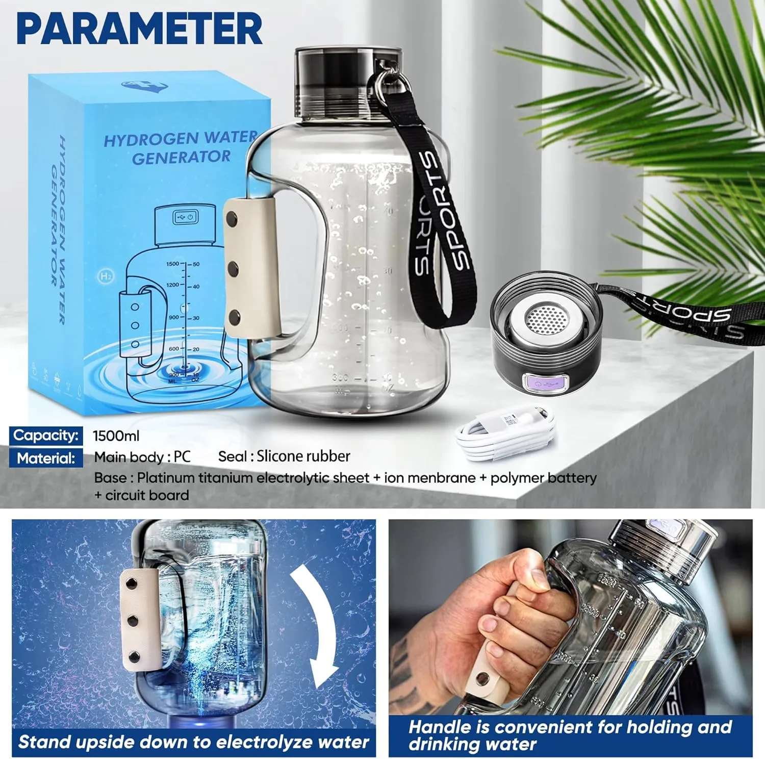 Hydrogen Water Bottle, 50.7oz/1.5L Large Hydrogen Water Bottle Generator, Ion Bottle Improve Water Quality in 3 Minutes, Water Ionizer Machine Suitable for Travel and Fitness Drinking(Black)