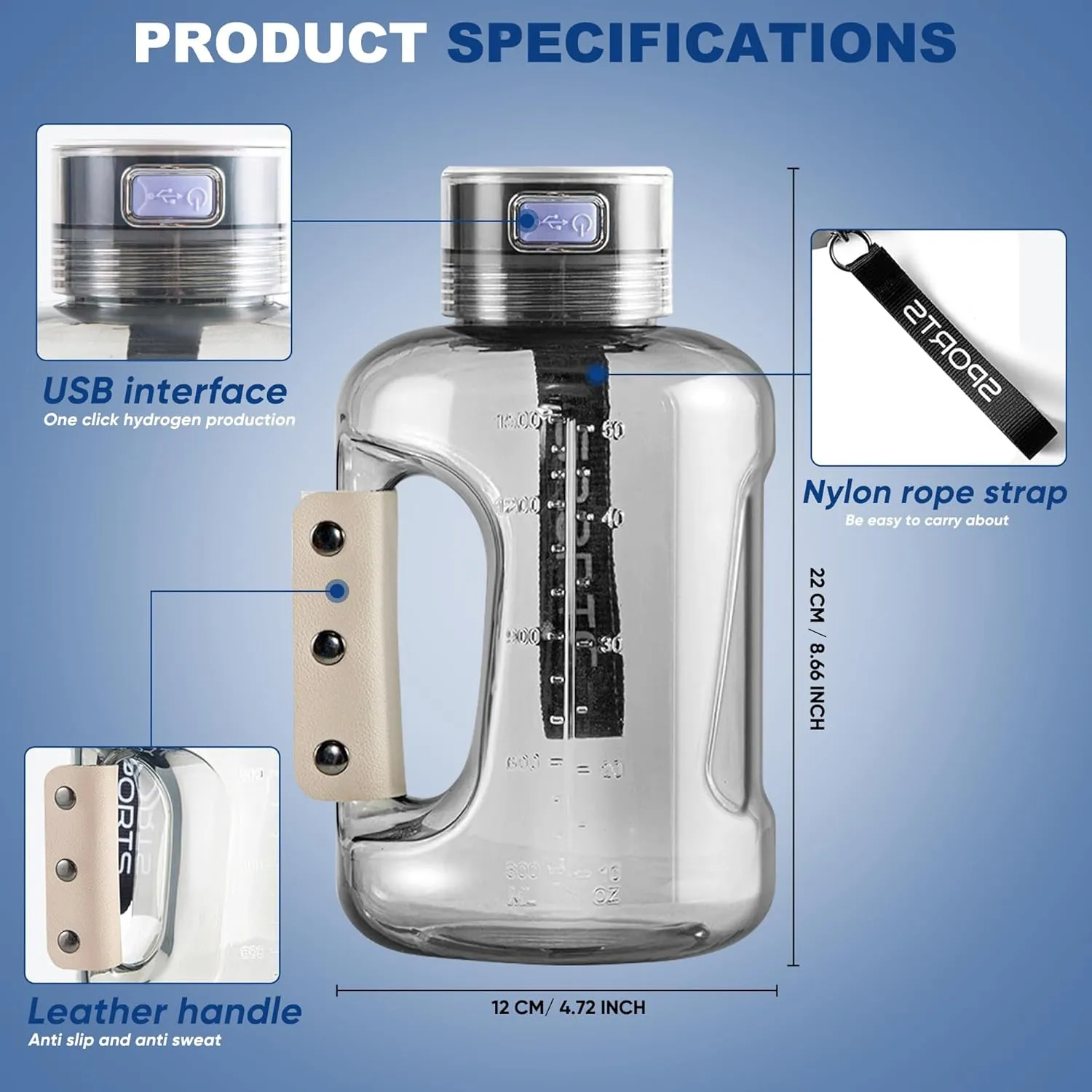 Hydrogen Water Bottle, 50.7oz/1.5L Large Hydrogen Water Bottle Generator, Ion Bottle Improve Water Quality in 3 Minutes, Water Ionizer Machine Suitable for Travel and Fitness Drinking(Black)