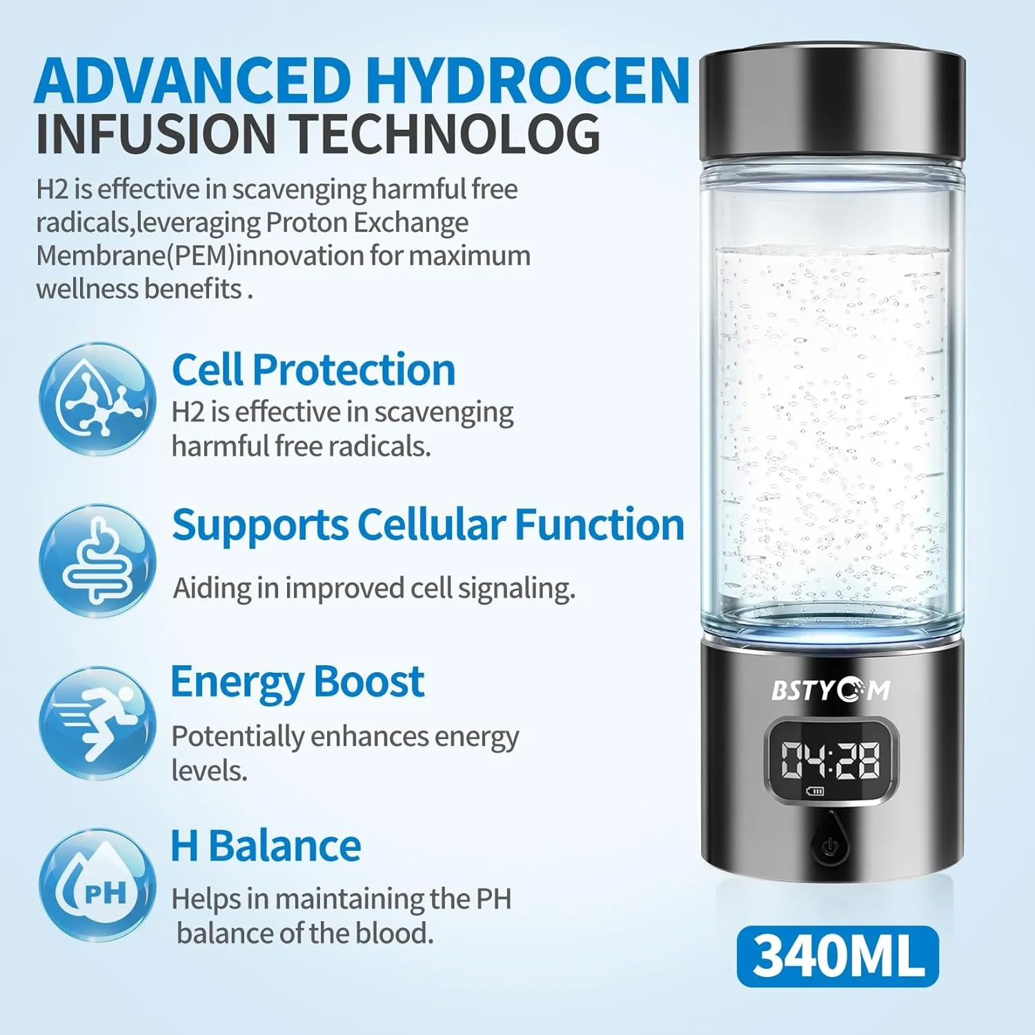 Hydrogen Water Bottle Generator,Portable Rechargeable Hydrogen Water Machine with SPE PEM Tech and LED Timer Display,Ionizer Water for Home,Office,Travel,Fitness,Outdoor (Black, 8.4*Φ2.6)