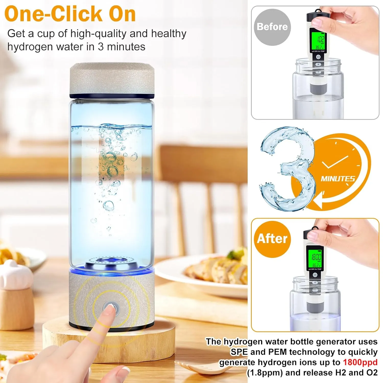 Hydrogen Water Bottle, Hydrogen Water Generator with Advanced SPE PEM Technology, High-Efficiency Portable 420ml Water Ionizer for Office, Travel, Fitness & Everyday Hydration