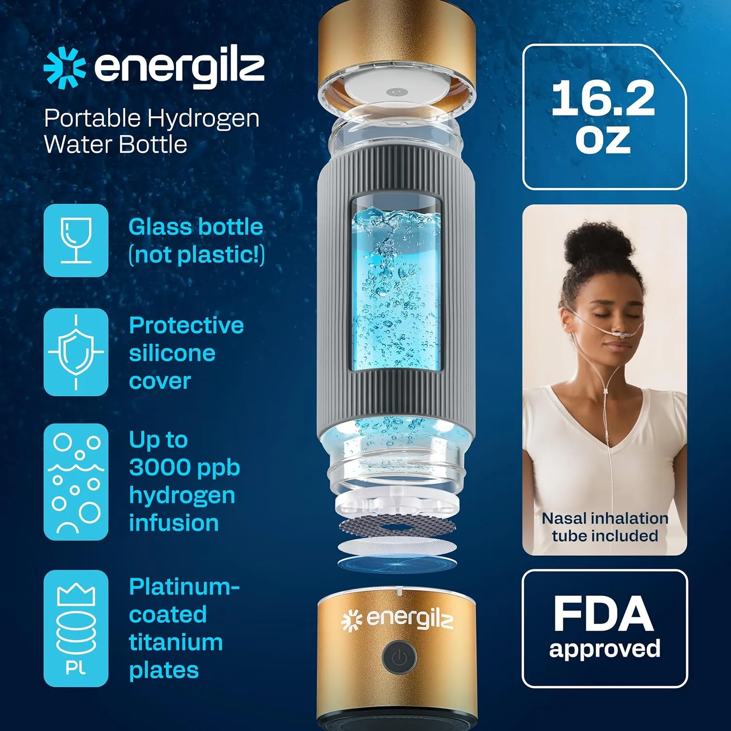 Hydrogen Water Bottle | Large 16.2 oz (480 ml) Hydrogen Water Bottle Generator 3000 ppb | Hydrogenator Machine | SPE/PEM Hydrogenated Ionizer Generator (Golden w/Gray)
