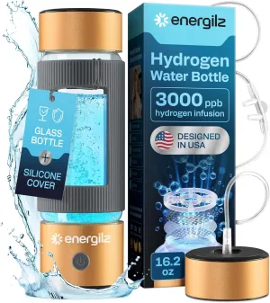 Hydrogen Water Bottle | Large 16.2 oz (480 ml) Hydrogen Water Bottle Generator 3000 ppb | Hydrogenator Machine | SPE/PEM Hydrogenated Ionizer Generator (Golden w/Gray)