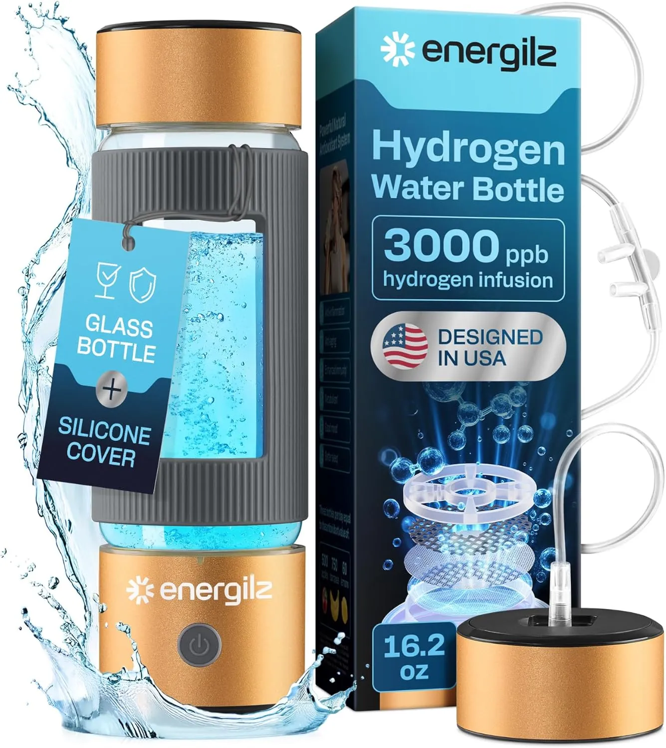 Hydrogen Water Bottle | Large 16.2 oz (480 ml) Hydrogen Water Bottle Generator 3000 ppb | Hydrogenator Machine | SPE/PEM Hydrogenated Ionizer Generator (Golden w/Gray)