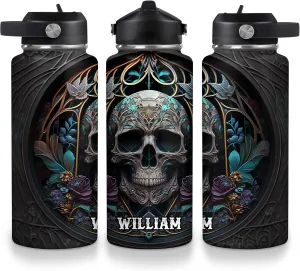 Hyturtle Personalized 2D Printed Skull Water Bottle - Travel Insulated Stainless Steel Bottle with Leak-Proof Lid 18oz 32oz - Floral Skull Gift for Women Girls Skull Lovers - Birthday & Christmas Gift