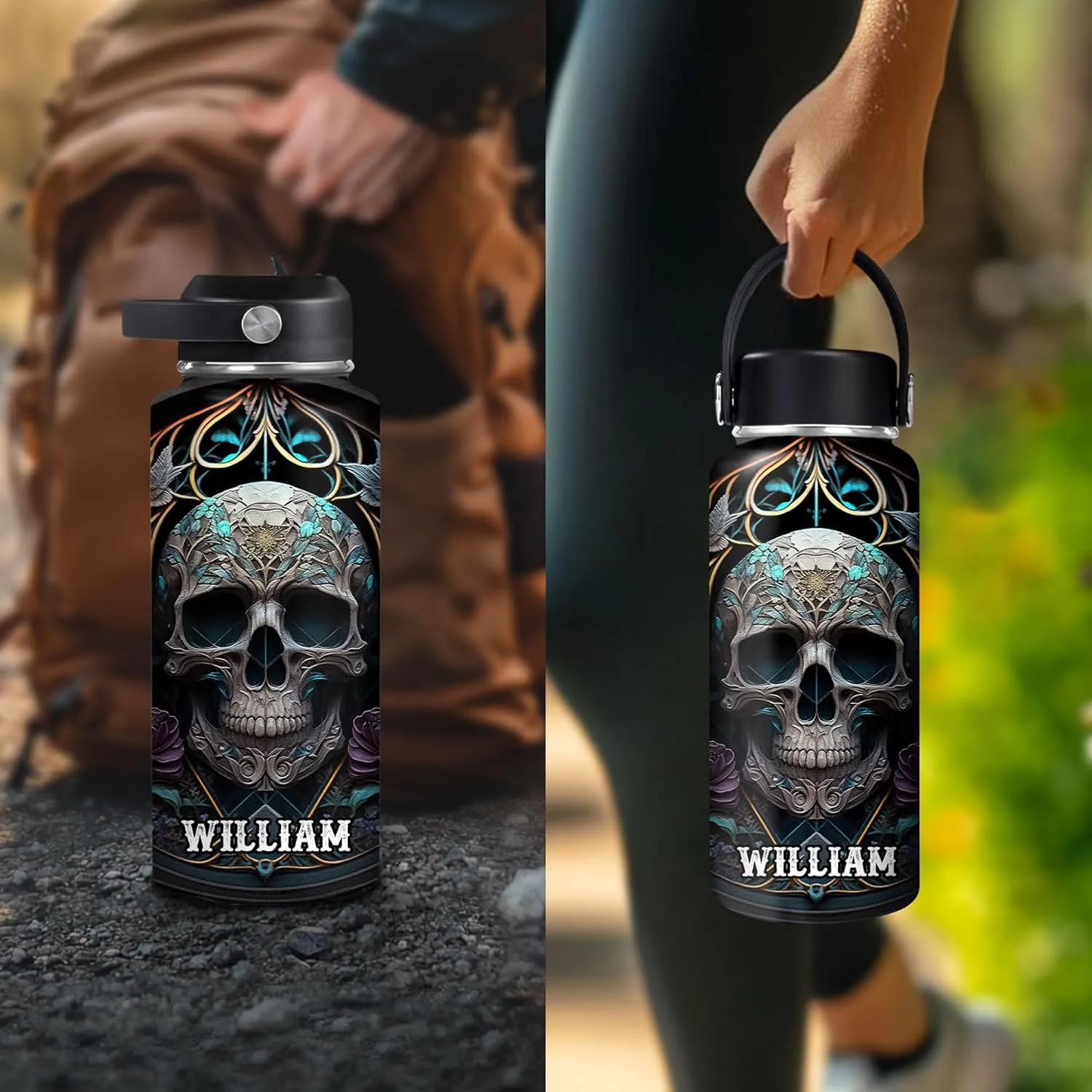 Hyturtle Personalized 2D Printed Skull Water Bottle - Travel Insulated Stainless Steel Bottle with Leak-Proof Lid 18oz 32oz - Floral Skull Gift for Women Girls Skull Lovers - Birthday & Christmas Gift