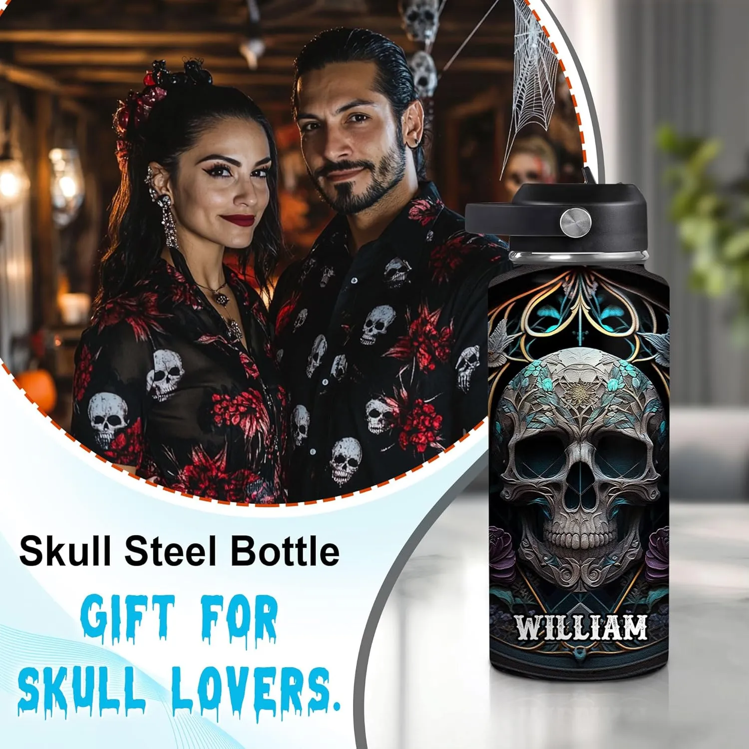 Hyturtle Personalized 2D Printed Skull Water Bottle - Travel Insulated Stainless Steel Bottle with Leak-Proof Lid 18oz 32oz - Floral Skull Gift for Women Girls Skull Lovers - Birthday & Christmas Gift