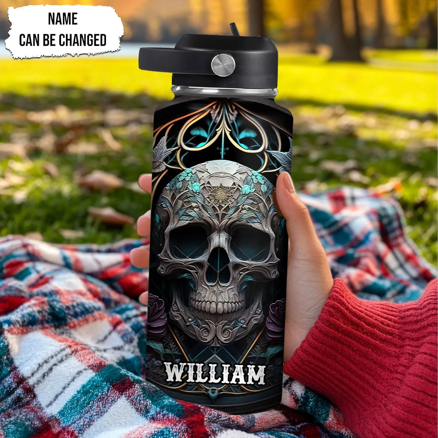 Hyturtle Personalized 2D Printed Skull Water Bottle - Travel Insulated Stainless Steel Bottle with Leak-Proof Lid 18oz 32oz - Floral Skull Gift for Women Girls Skull Lovers - Birthday & Christmas Gift