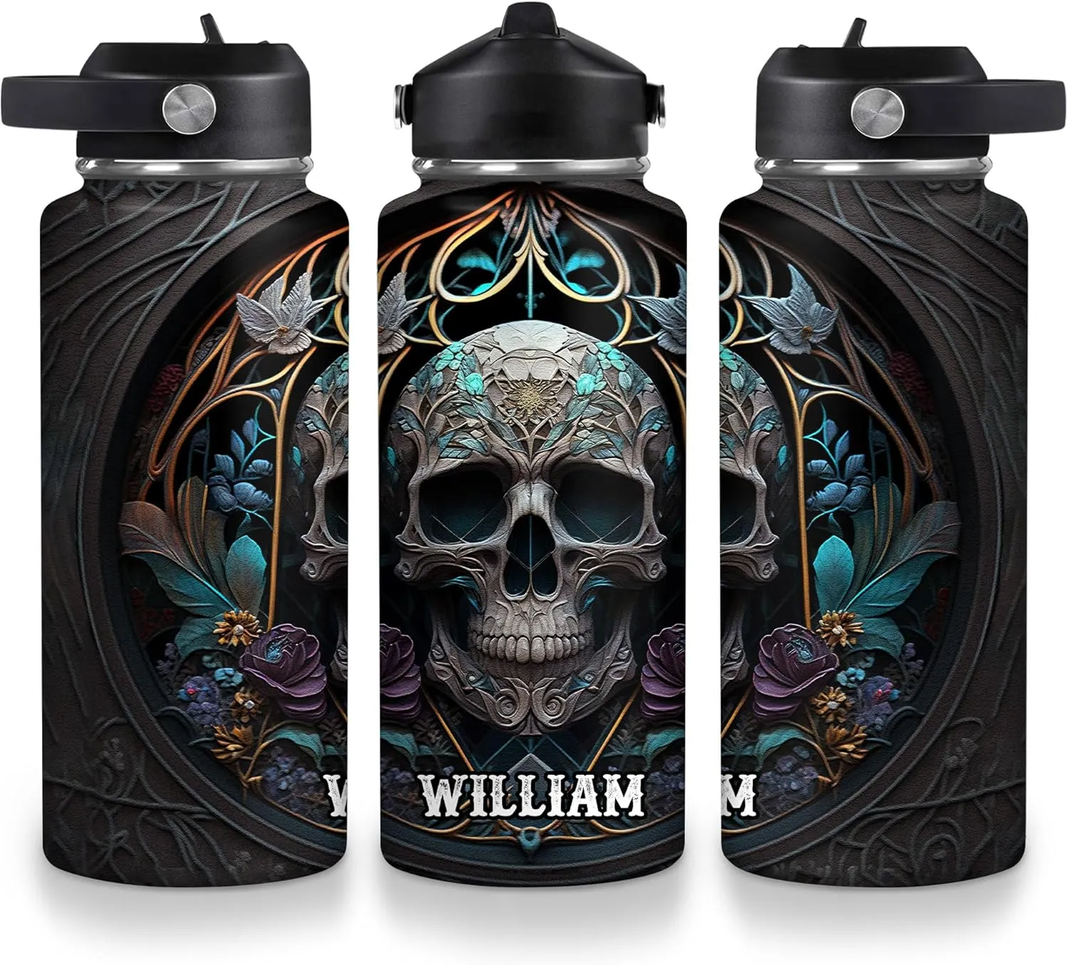 Hyturtle Personalized 2D Printed Skull Water Bottle - Travel Insulated Stainless Steel Bottle with Leak-Proof Lid 18oz 32oz - Floral Skull Gift for Women Girls Skull Lovers - Birthday & Christmas Gift