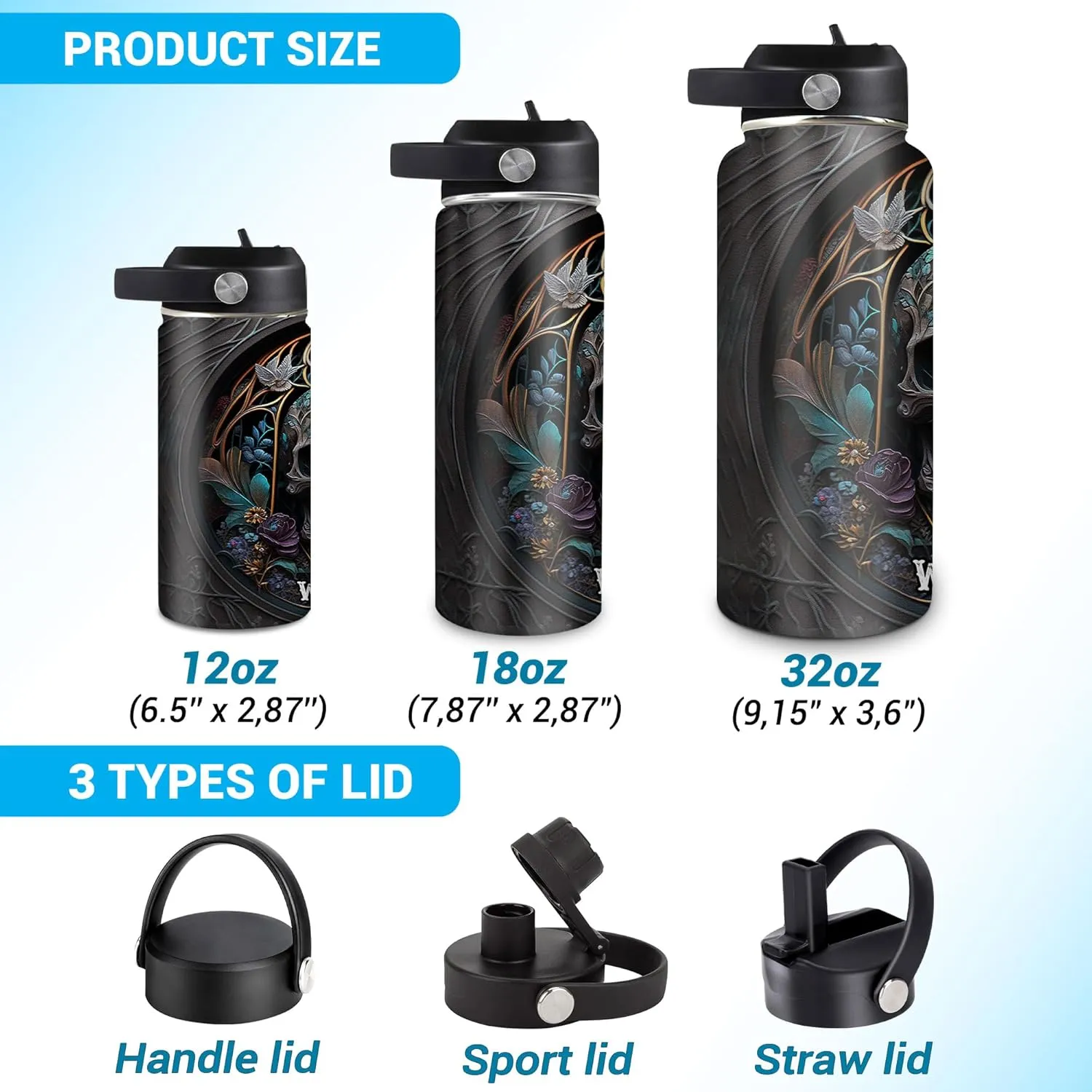 Hyturtle Personalized 2D Printed Skull Water Bottle - Travel Insulated Stainless Steel Bottle with Leak-Proof Lid 18oz 32oz - Floral Skull Gift for Women Girls Skull Lovers - Birthday & Christmas Gift