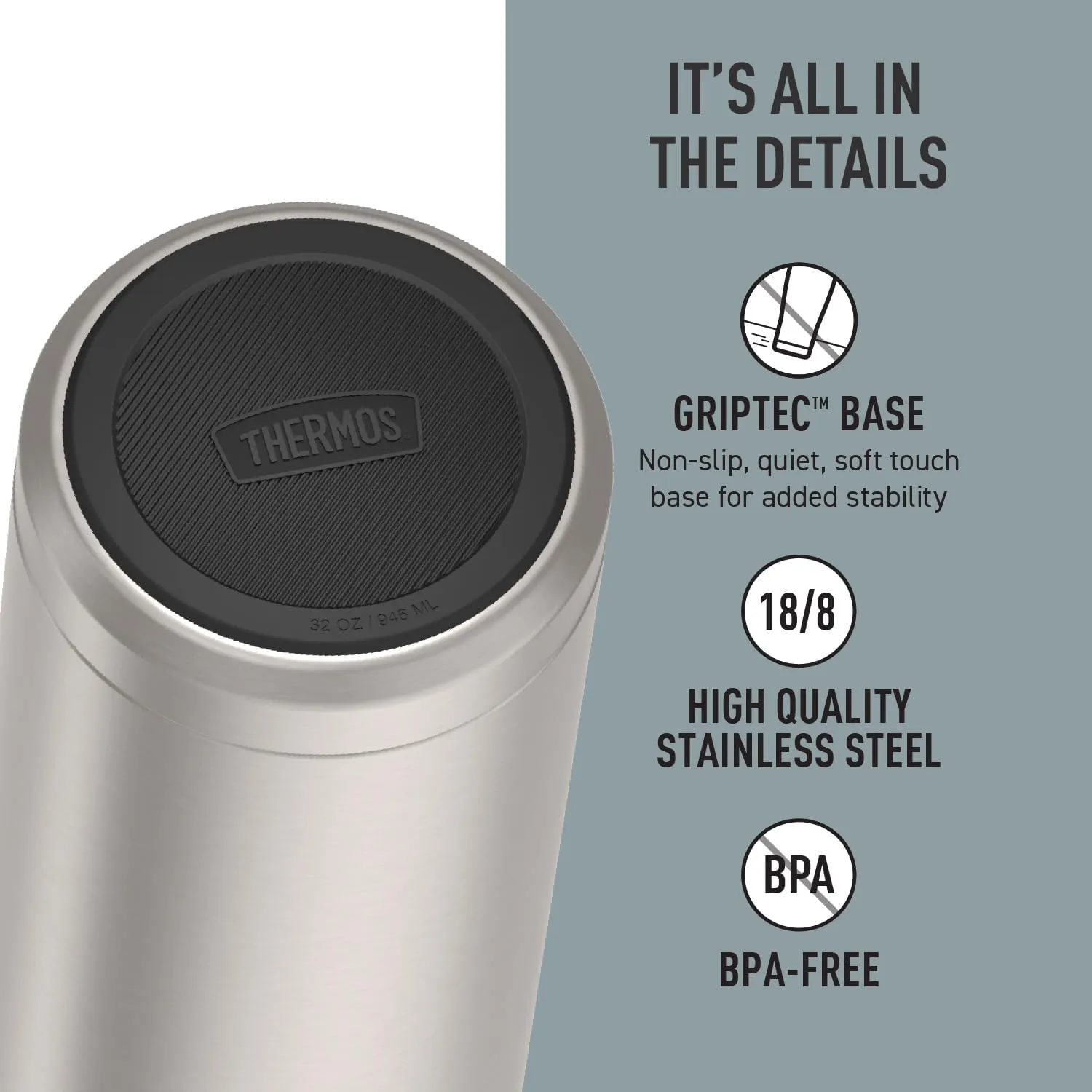 ICON SERIES BY THERMOS Stainless Steel Water Bottle with Straw Lid, 32 Ounce, Matte Stainless Steel