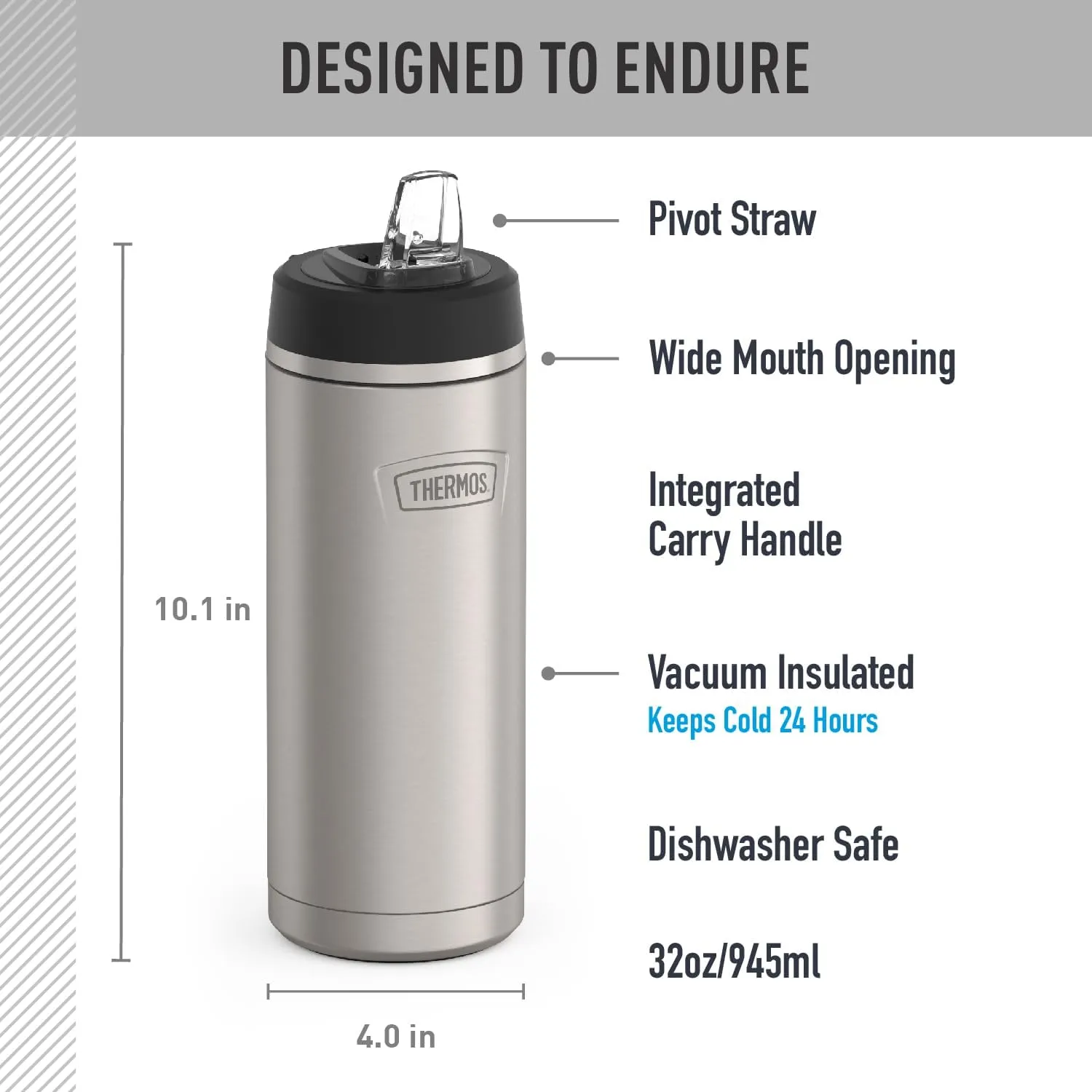 ICON SERIES BY THERMOS Stainless Steel Water Bottle with Straw Lid, 32 Ounce, Matte Stainless Steel