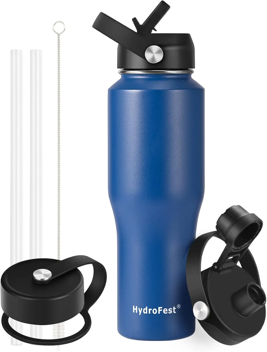 Insulated Water Bottle with Straw Lid, Blue Stainless Steel Water Bottle, 32 oz Travel Sports Water Bottle for Biking,Vacuum Double Walled Wide Mouth Leak Proof, Thermal Cup