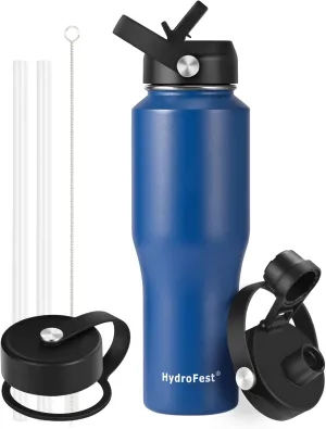 Insulated Water Bottle with Straw Lid, Blue Stainless Steel Water Bottle, 32 oz Travel Sports Water Bottle for Biking,Vacuum Double Walled Wide Mouth Leak Proof, Thermal Cup