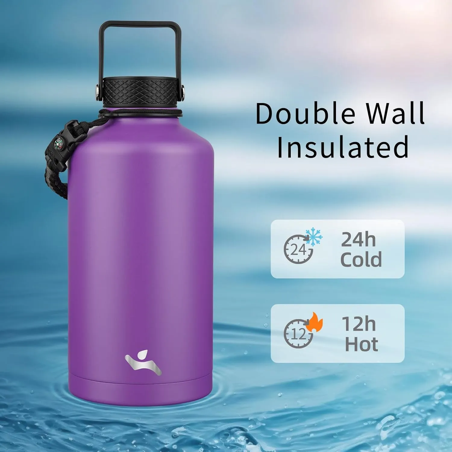 Insulated Water Bottle with Straw,87 oz 3 Lids Water Jug with Carrying Bag,Paracord Handle,Double Wall Vacuum Stainless Steel Metal Flask,Purple
