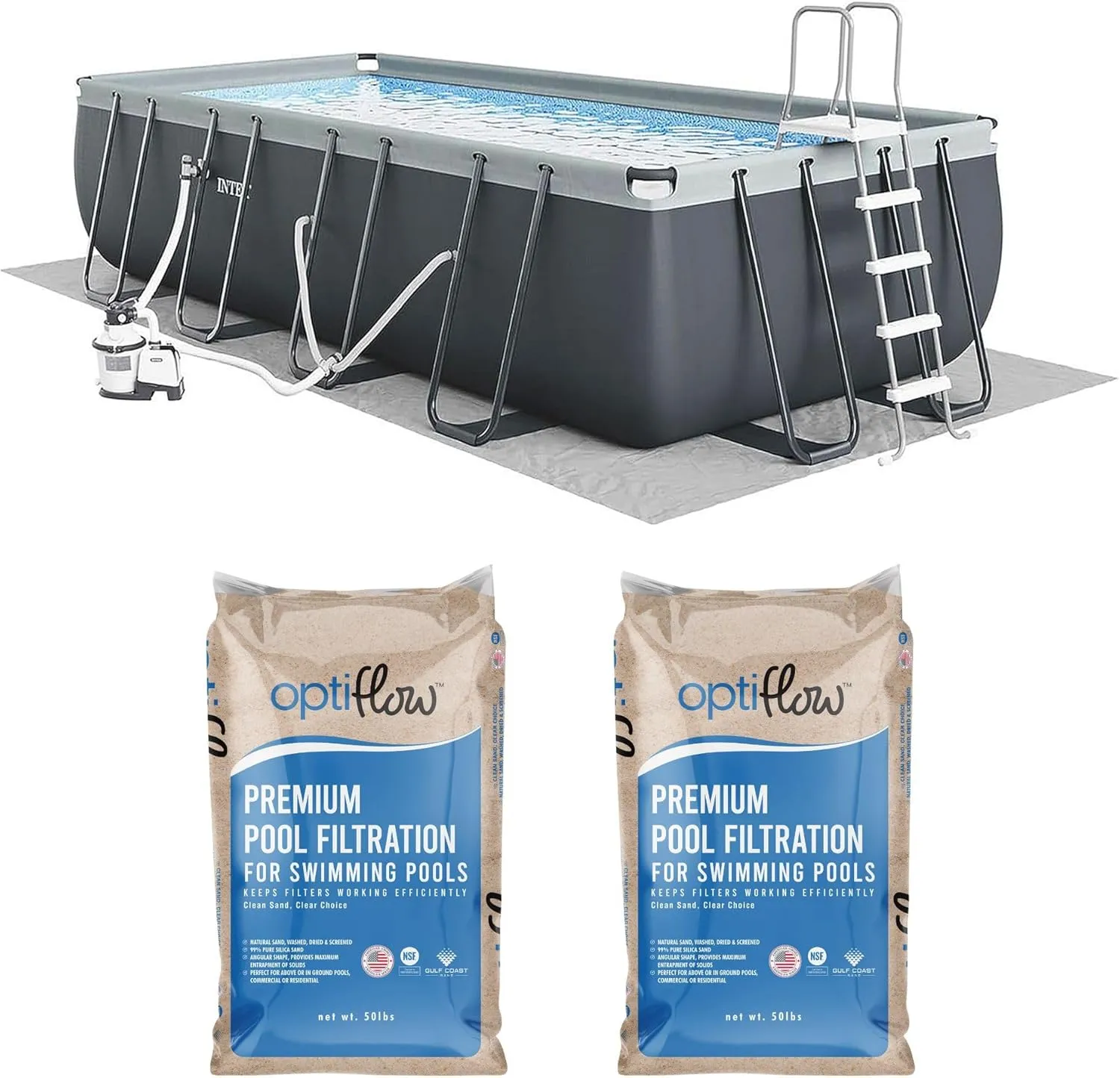 Intex Above Ground Swimming Pool Set, Ultra XTR 24' x 12' x 52" Rectangular Frame Bundled with OptiFlow Premium Filter Sand, 50 lb Bag
