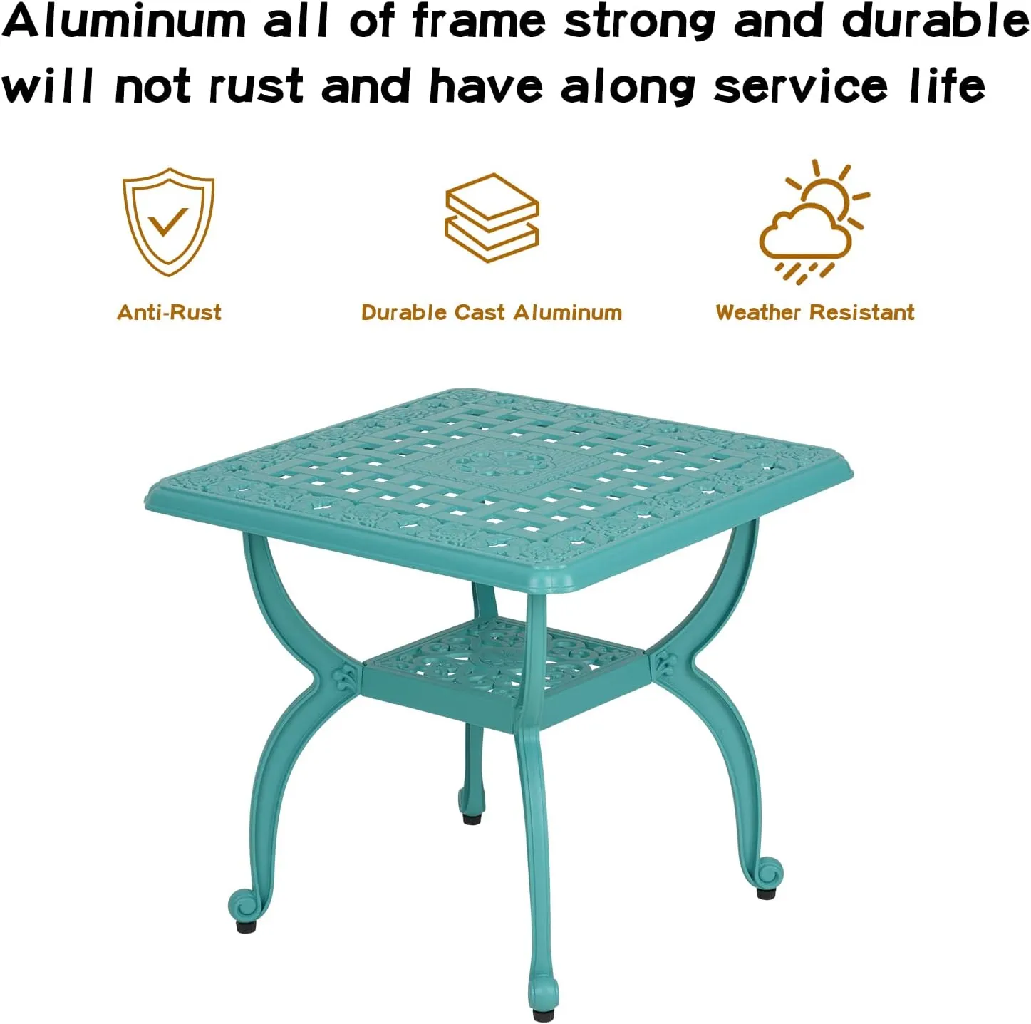 JARDIN DE CENTENNIAL Cast Aluminum Outdoor Side Table,Anti-Rust Outdoor End Table,Patio Coffee Bistro Table for Indoor,Garden,Porch,Balcony(Square Blue)