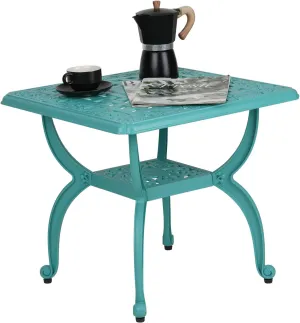 JARDIN DE CENTENNIAL Cast Aluminum Outdoor Side Table,Anti-Rust Outdoor End Table,Patio Coffee Bistro Table for Indoor,Garden,Porch,Balcony(Square Blue)