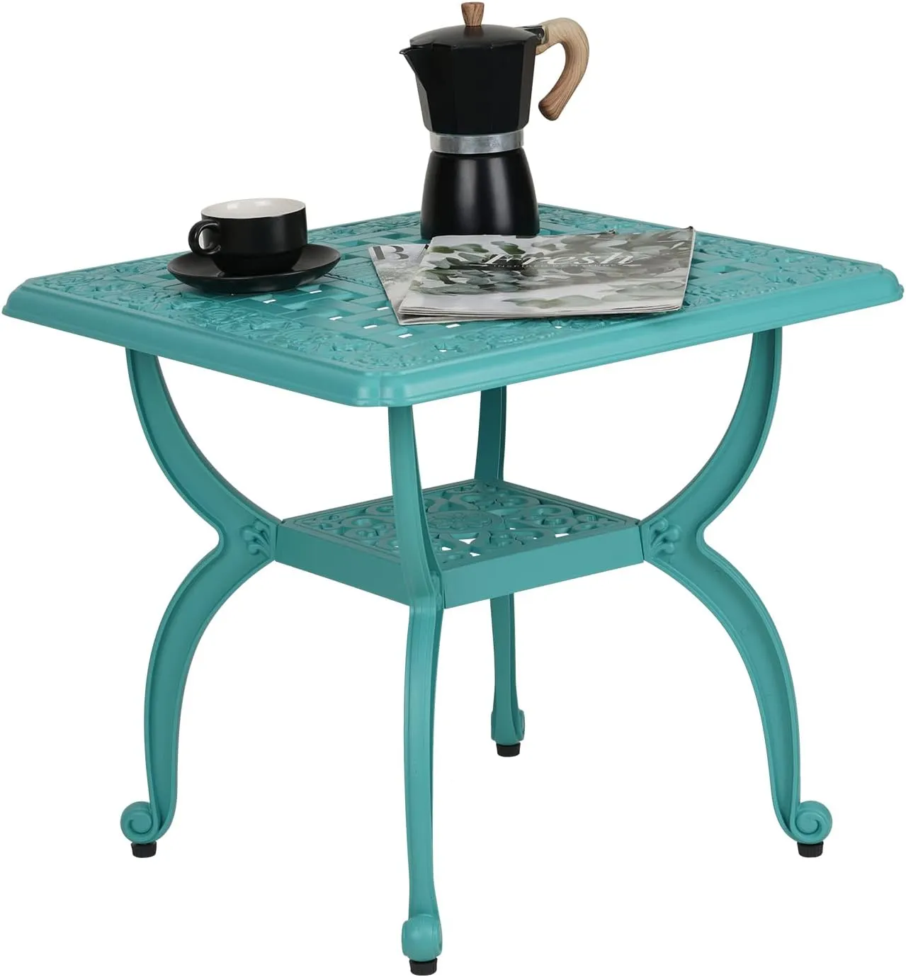 JARDIN DE CENTENNIAL Cast Aluminum Outdoor Side Table,Anti-Rust Outdoor End Table,Patio Coffee Bistro Table for Indoor,Garden,Porch,Balcony(Square Blue)
