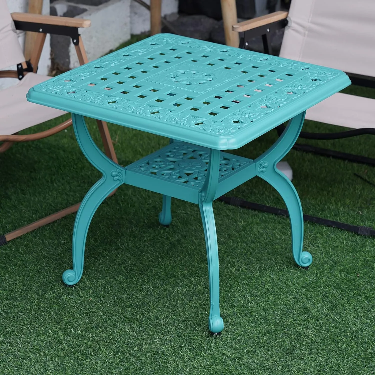 JARDIN DE CENTENNIAL Cast Aluminum Outdoor Side Table,Anti-Rust Outdoor End Table,Patio Coffee Bistro Table for Indoor,Garden,Porch,Balcony(Square Blue)