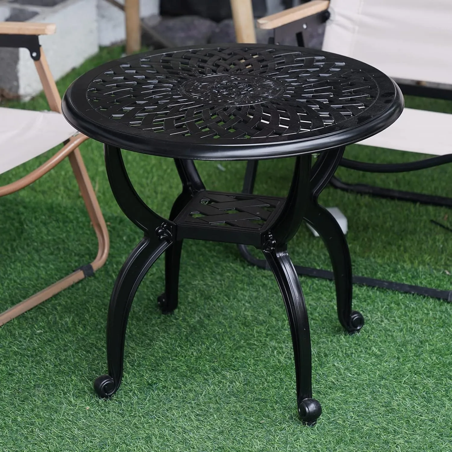 JARDIN DE CENTENNIAL Cast Aluminum Side/End Table, Anti-Rust Coffee Bistro Table for Outdoor, Patio, Indoor, Garden, Porch, Balcony (Round Black)