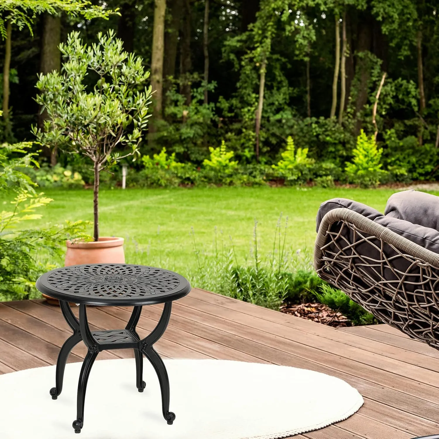 JARDIN DE CENTENNIAL Cast Aluminum Side/End Table, Anti-Rust Coffee Bistro Table for Outdoor, Patio, Indoor, Garden, Porch, Balcony (Round Black)