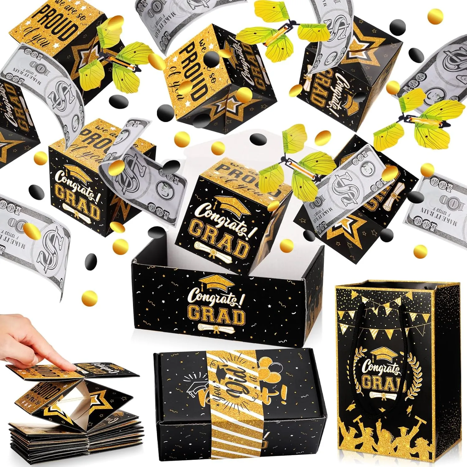 Jerify 23 Pcs Graduation Explosion Gift Box Kit Explosion Graduation Gift Box for Money with Graduation Gift Bag Explosion Gift Money Box for Cash Gift 2025 Graduation Party Gift Supplies