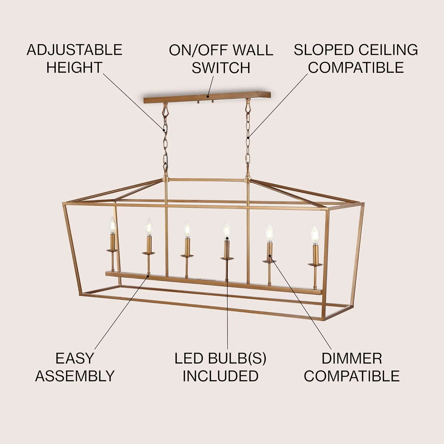 JONATHAN Y JYL7439B Pagoda Lantern Dimmable Adjustable Metal LED Pendant Classic Traditional Farmhouse Dining Room Living Room Kitchen Foyer Bedroom Hallway, 49 in, Antique Gold