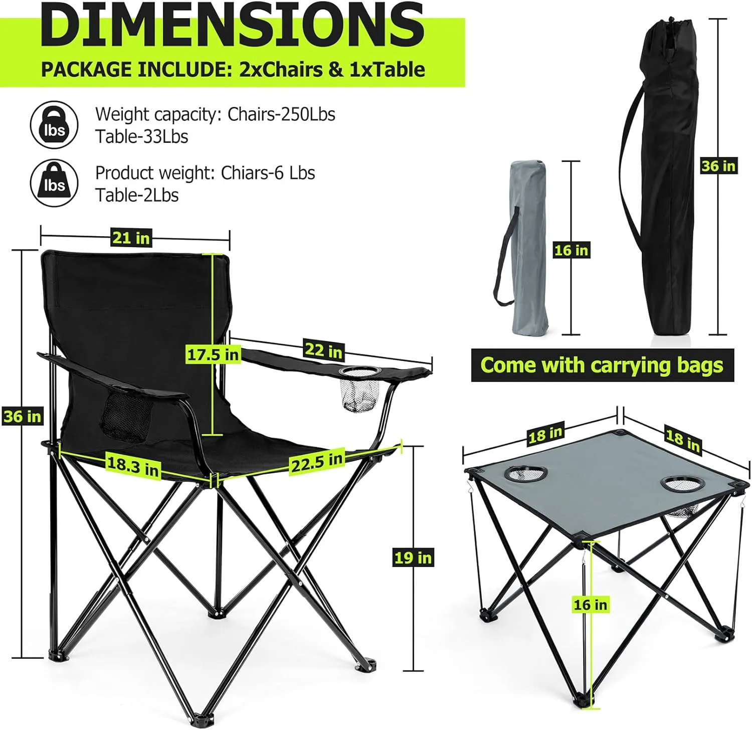 Joyfair Camping Chairs & Table Set(2 Chairs   1 Table), Heavy Duty Portable Outdoor Lawn Large Folding Chair for Adults, Ideal for Backpacking Fishing Hiking, Carry Bag & Cup Holder (Black Chair)