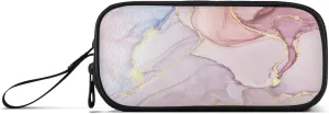 Kcldeci Pink Marble Pencil Case, Pink Granite Stone Surface Cracked Lines Golden Stripes Pencil Bag Storage Pouch Pen Pencil Marker Stationery Bag Holder for Middle High School College and Office