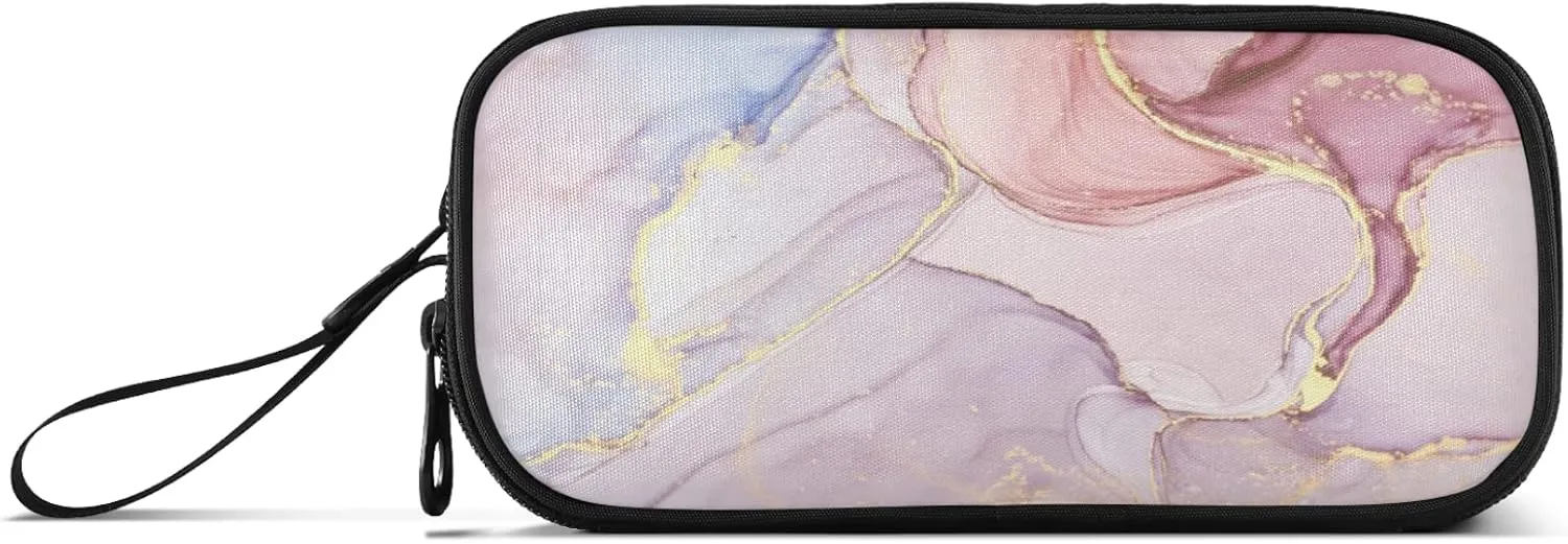 Kcldeci Pink Marble Pencil Case, Pink Granite Stone Surface Cracked Lines Golden Stripes Pencil Bag Storage Pouch Pen Pencil Marker Stationery Bag Holder for Middle High School College and Office