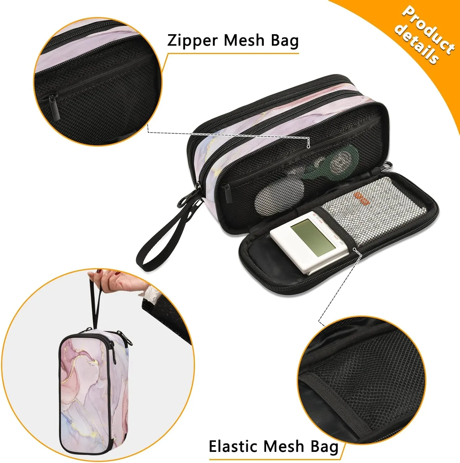 Kcldeci Pink Marble Pencil Case, Pink Granite Stone Surface Cracked Lines Golden Stripes Pencil Bag Storage Pouch Pen Pencil Marker Stationery Bag Holder for Middle High School College and Office