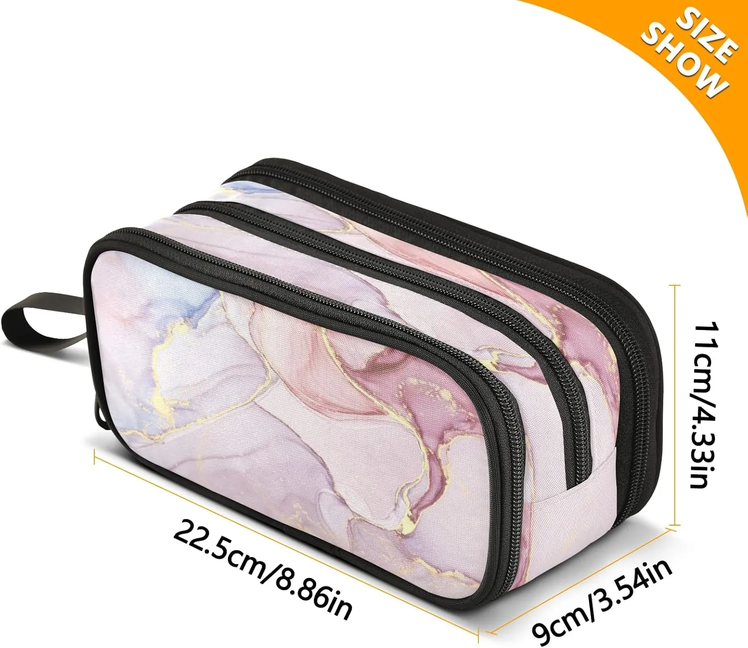 Kcldeci Pink Marble Pencil Case, Pink Granite Stone Surface Cracked Lines Golden Stripes Pencil Bag Storage Pouch Pen Pencil Marker Stationery Bag Holder for Middle High School College and Office
