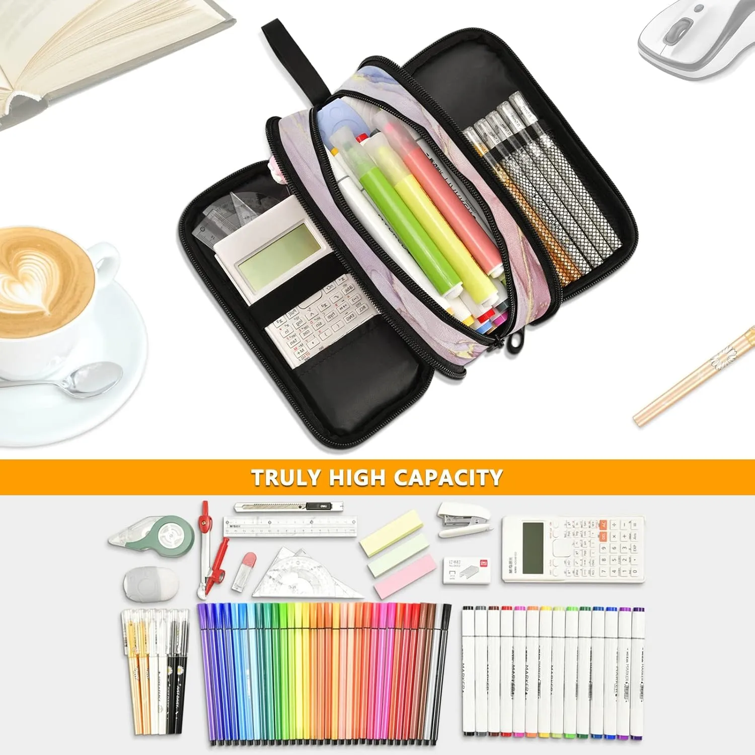 Kcldeci Pink Marble Pencil Case, Pink Granite Stone Surface Cracked Lines Golden Stripes Pencil Bag Storage Pouch Pen Pencil Marker Stationery Bag Holder for Middle High School College and Office