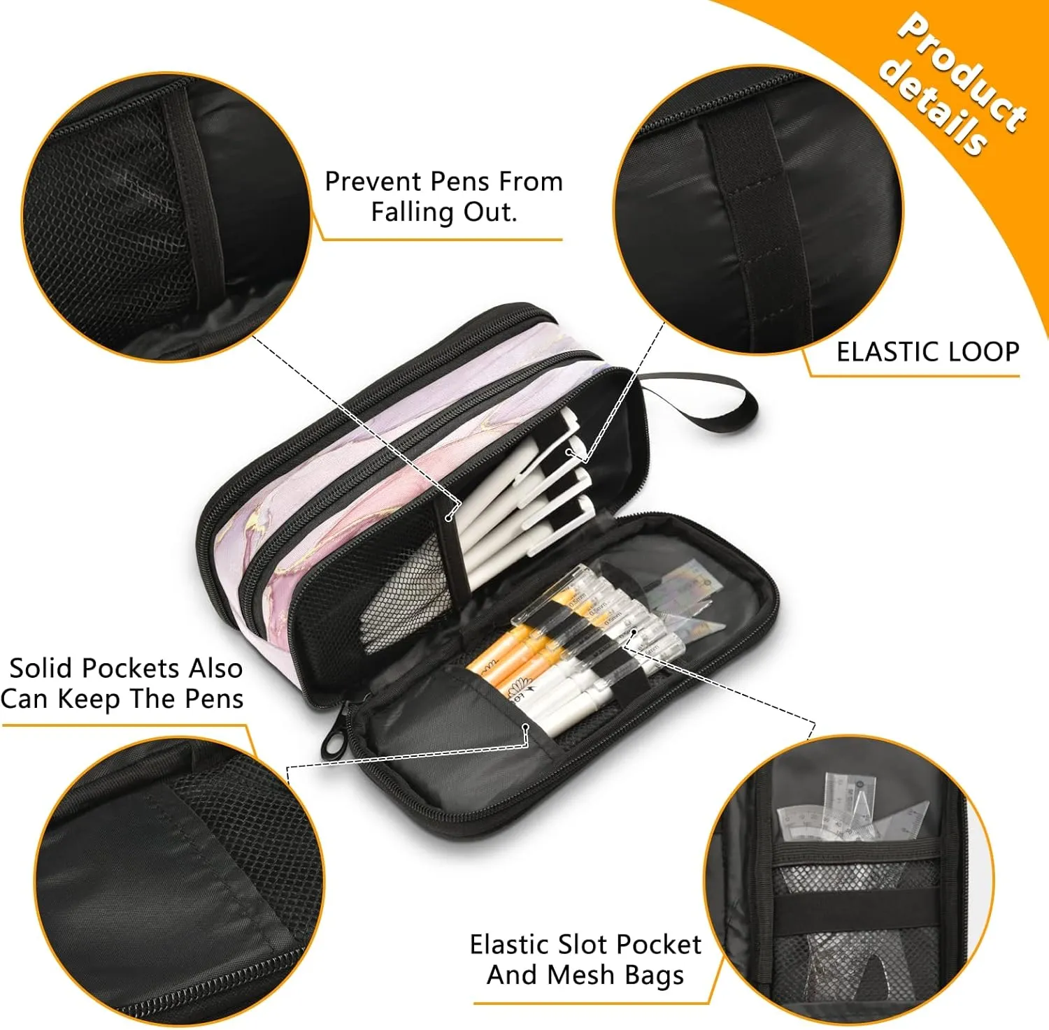 Kcldeci Pink Marble Pencil Case, Pink Granite Stone Surface Cracked Lines Golden Stripes Pencil Bag Storage Pouch Pen Pencil Marker Stationery Bag Holder for Middle High School College and Office