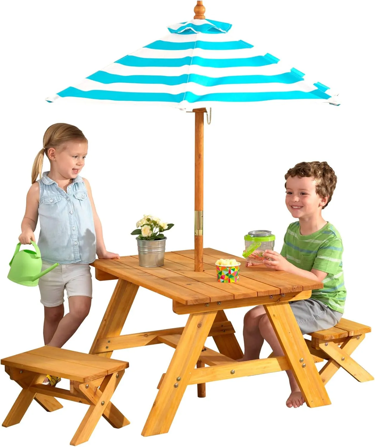 KidKraft Outdoor Wooden Table & Bench Set with Striped Umbrella, Children's Backyard Furniture, Turquoise and White