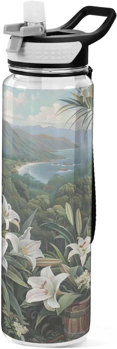 Kigai Transparent Sports Water Bottle 32oz, Lily Flowers Leakproof Wide Mouth Water Bottle with Straw, BPA Free Water Jug with Detachable Strap & Handle for Fitness Gym Outdoor